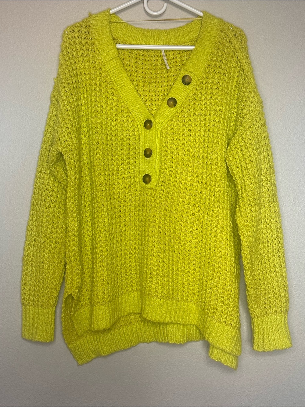 Free People Neon Yellow Chunky V-Neck Button Knit Oversized Sweater Size M